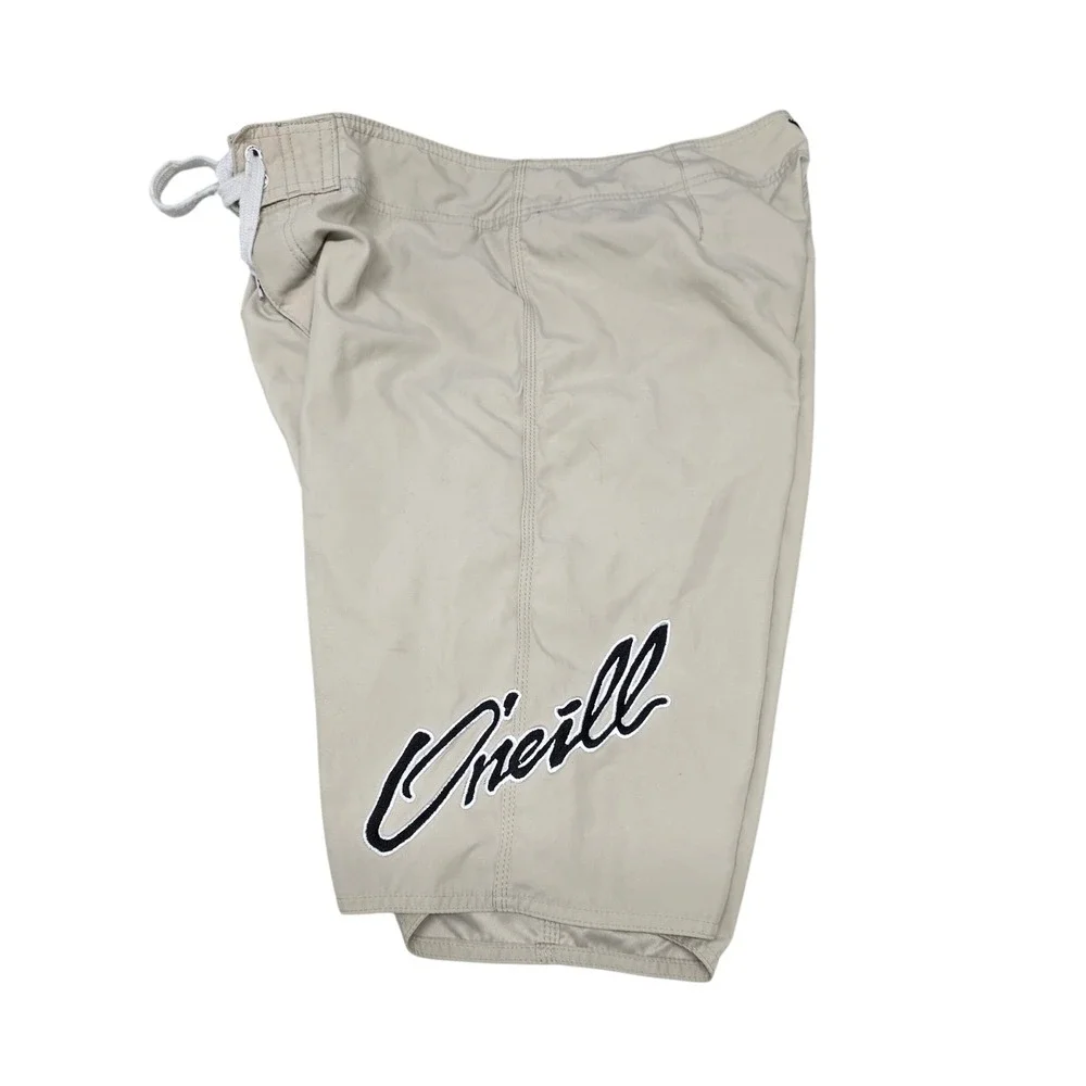 O'Neill Mens Khaki Tan Board Shorts Size 31 Cargo Pocket Script Logo Swim Trunks